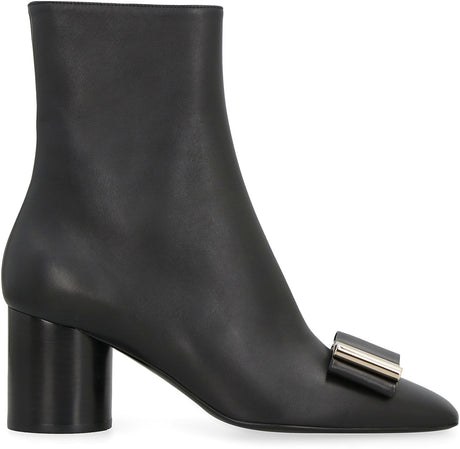 FERRAGAMO Women's Black Leather Ankle Boots with Vara Front Bow