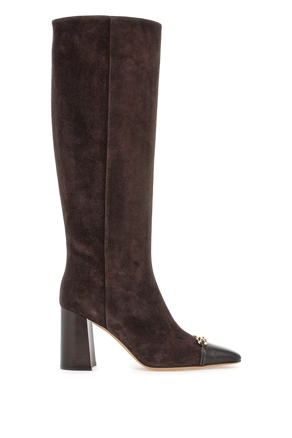 Ferragamo Suede Square Toe Boots with Gold Accents