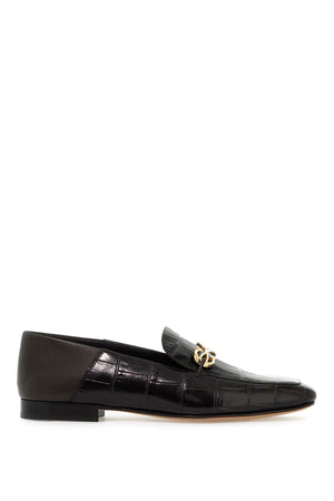 Ferragamo Luxury Crocodile Print Leather Loafers with Golden Hook Accent