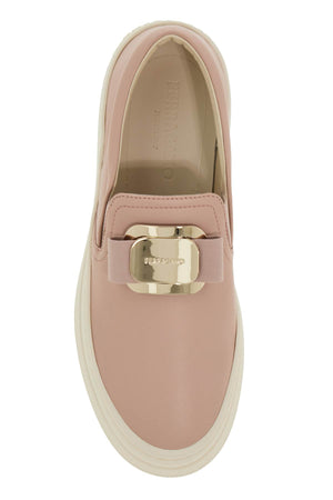 Ferragamo Gold Buckle Soft Leather Slip-On Sneaker