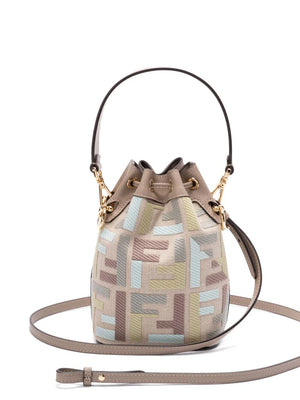 FENDI Mini Canvas Bucket Handbag with Multicolor Embroidery (W 14 x H 18 x D 12 cm)