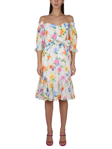 BOUTIQUE MOSCHINO Floral Pattern Mini Dress with Boat Neckline and Balloon Sleeves