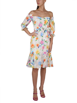 BOUTIQUE MOSCHINO Floral Pattern Mini Dress with Boat Neckline and Balloon Sleeves