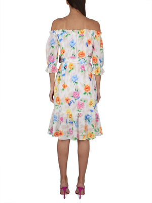 BOUTIQUE MOSCHINO Floral Pattern Mini Dress with Boat Neckline and Balloon Sleeves