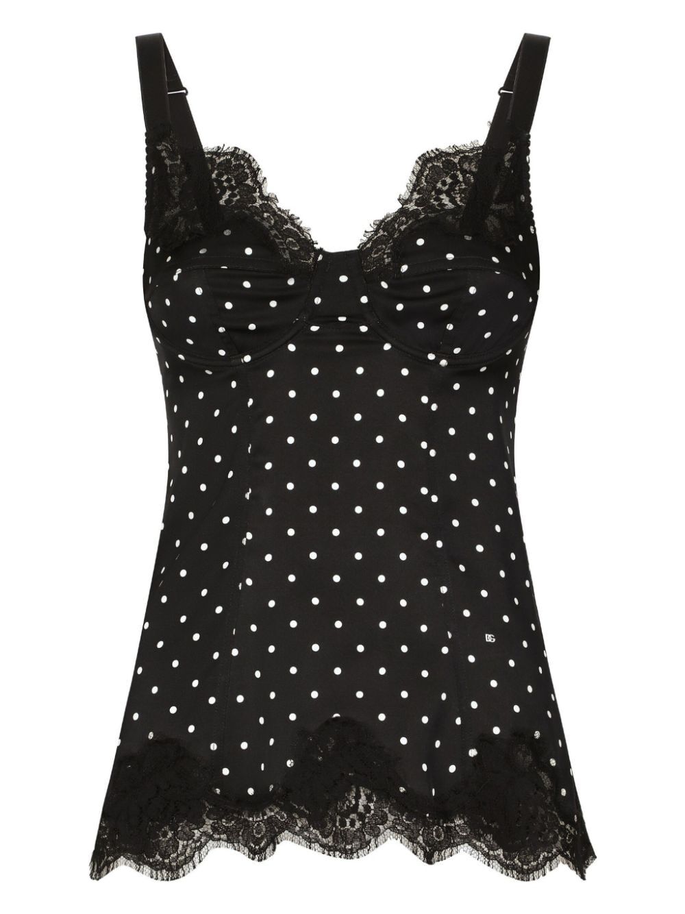 DOLCE & GABBANA Polka Dot Lace-Trimmed Silk Lingerie Top