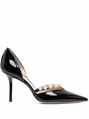 JIMMY CHOO Sleek Patent Leather Pumps with Pearl-Embellished Heel 8.5 cm