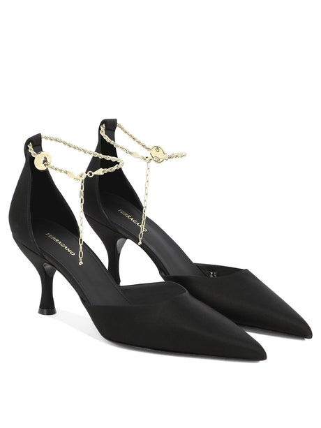 FERRAGAMO Stunning Black Pumps with Gold Ankle Chain and F Charm Detail