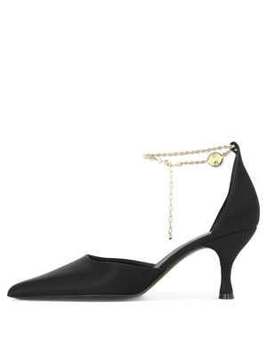 FERRAGAMO Stunning Black Pumps with Gold Ankle Chain and F Charm Detail