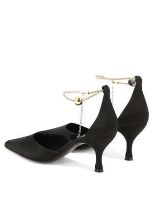 FERRAGAMO Stunning Black Pumps with Gold Ankle Chain and F Charm Detail