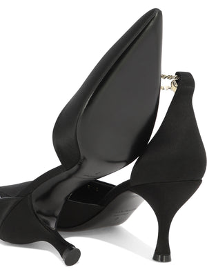 FERRAGAMO Stunning Black Pumps with Gold Ankle Chain and F Charm Detail