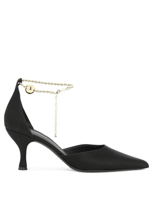 FERRAGAMO Stunning Black Pumps with Gold Ankle Chain and F Charm Detail