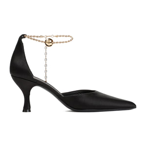 FERRAGAMO Stunning Black Pumps with Gold Ankle Chain and F Charm Detail