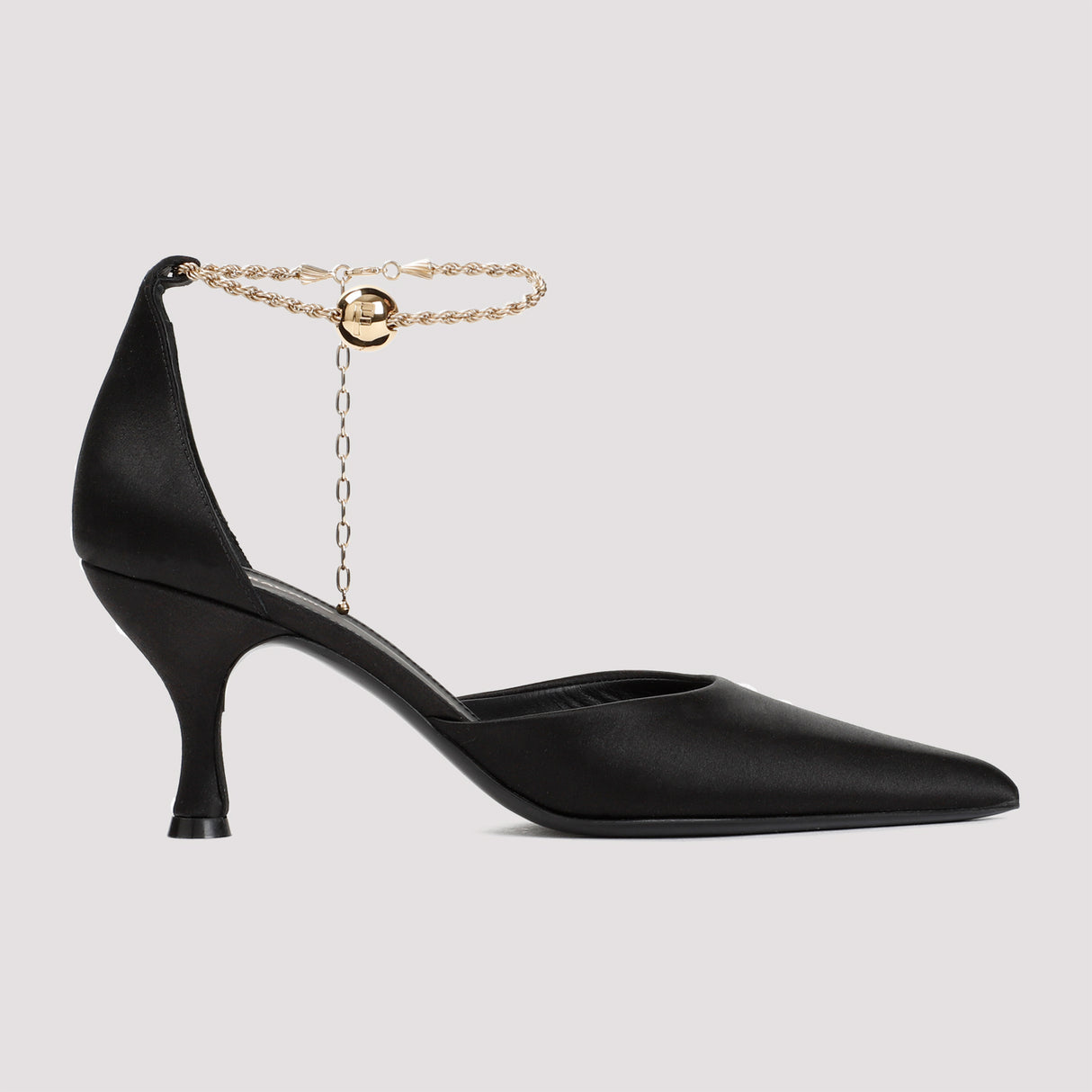 FERRAGAMO Stunning Black Pumps with Gold Ankle Chain and F Charm Detail