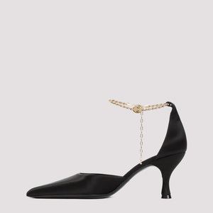 FERRAGAMO Stunning Black Pumps with Gold Ankle Chain and F Charm Detail