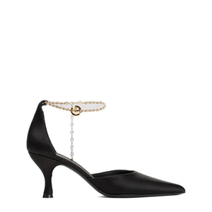 FERRAGAMO Stunning Black Pumps with Gold Ankle Chain and F Charm Detail