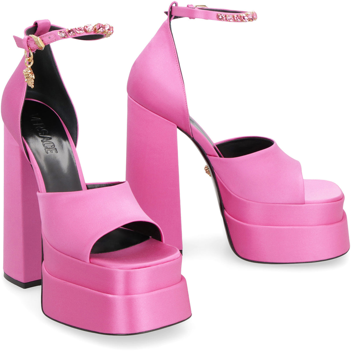 VERSACE Mini Satin Platform Sandals with Rhinestones