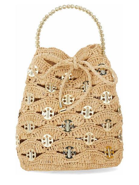 RABANNE Mini Bucket Bag with Raphia and Brass Accents