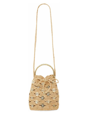 RABANNE Mini Bucket Bag with Raphia and Brass Accents