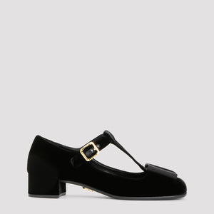 PRADA T-Strap Logo Bow Velvet Pumps – 3.5cm Heel