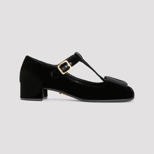 PRADA T-Strap Logo Bow Velvet Pumps – 3.5cm Heel