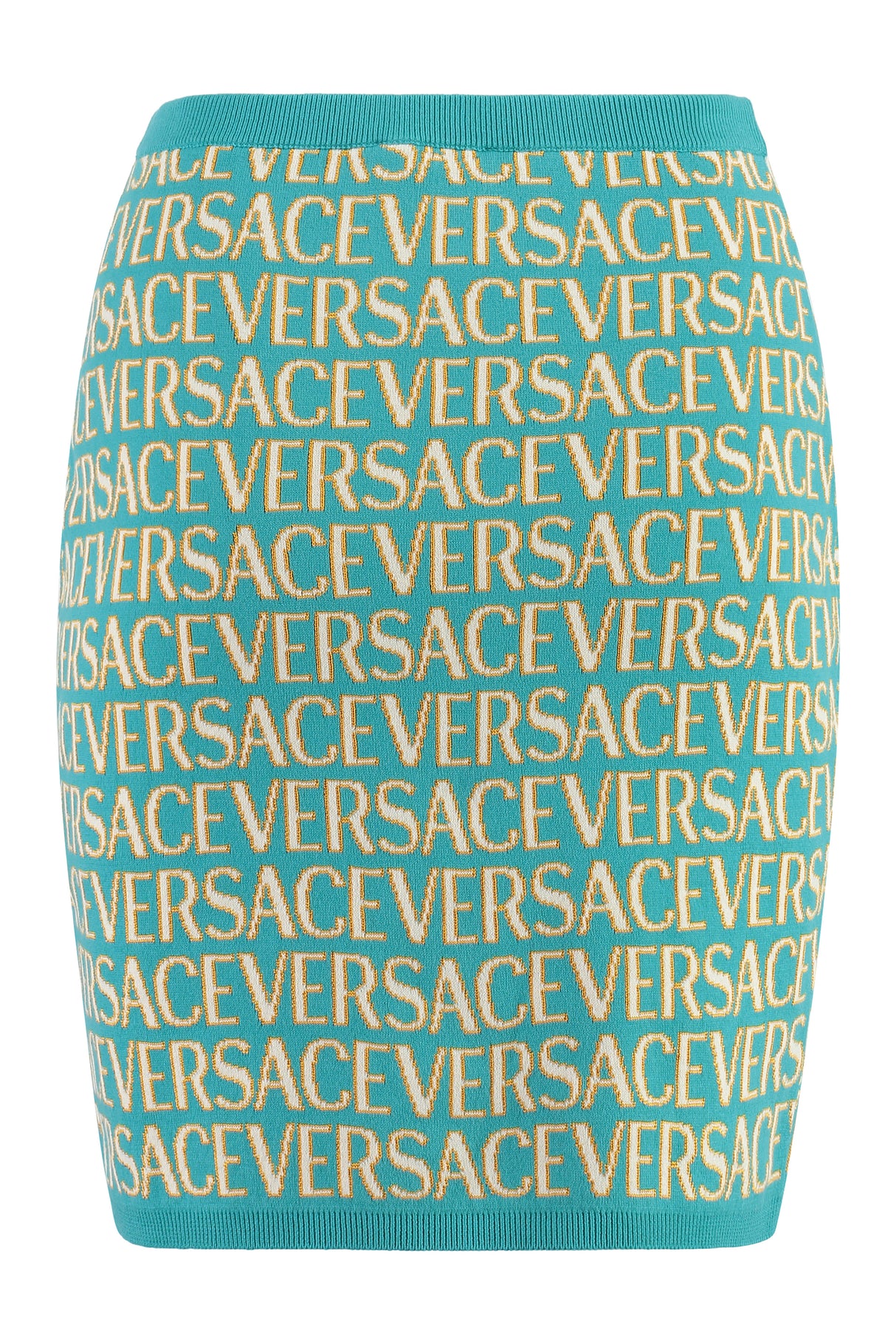 VERSACE ヴェルサーチのターコイズニットミニスカート (FW23用)