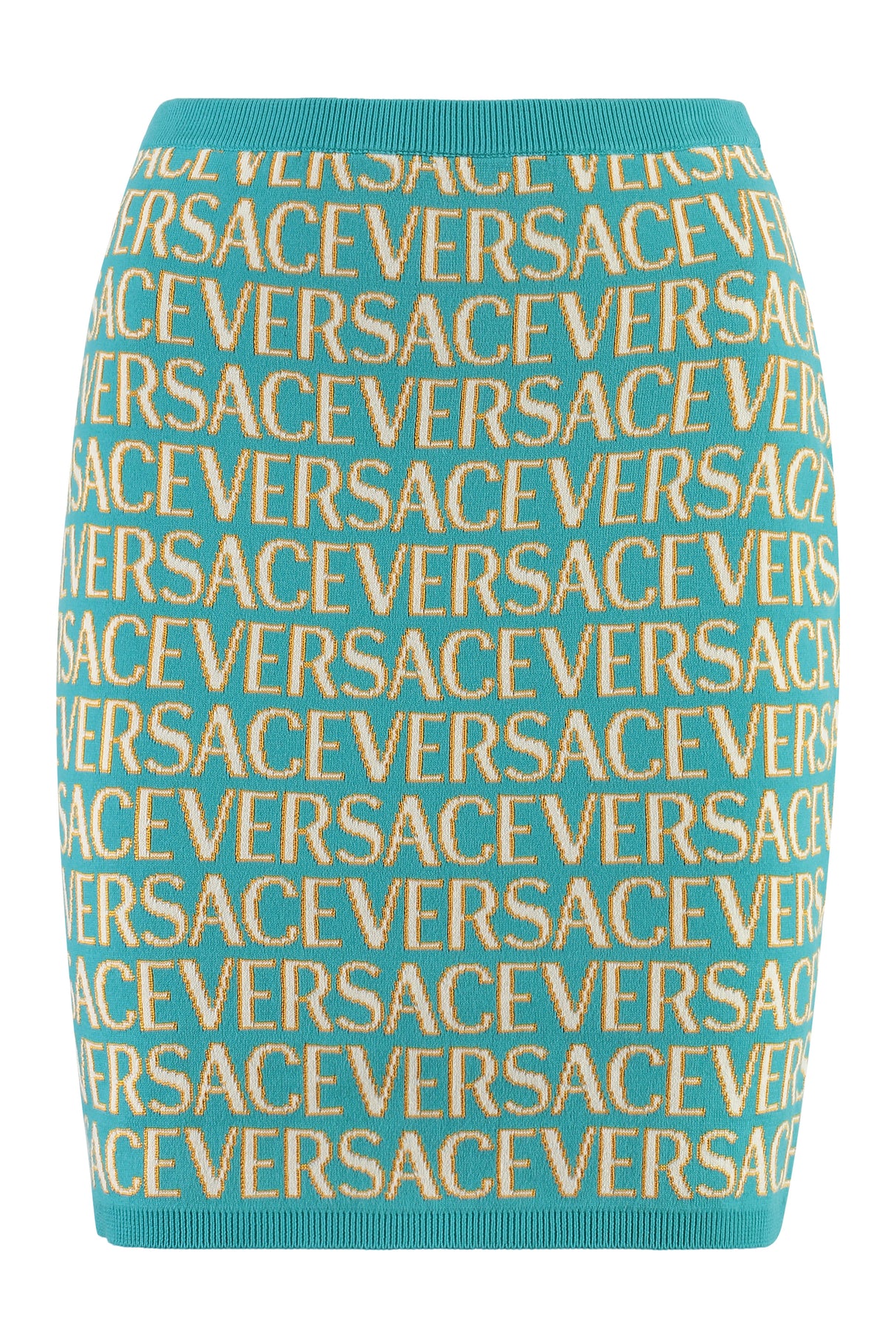 VERSACE ヴェルサーチのターコイズニットミニスカート (FW23用)