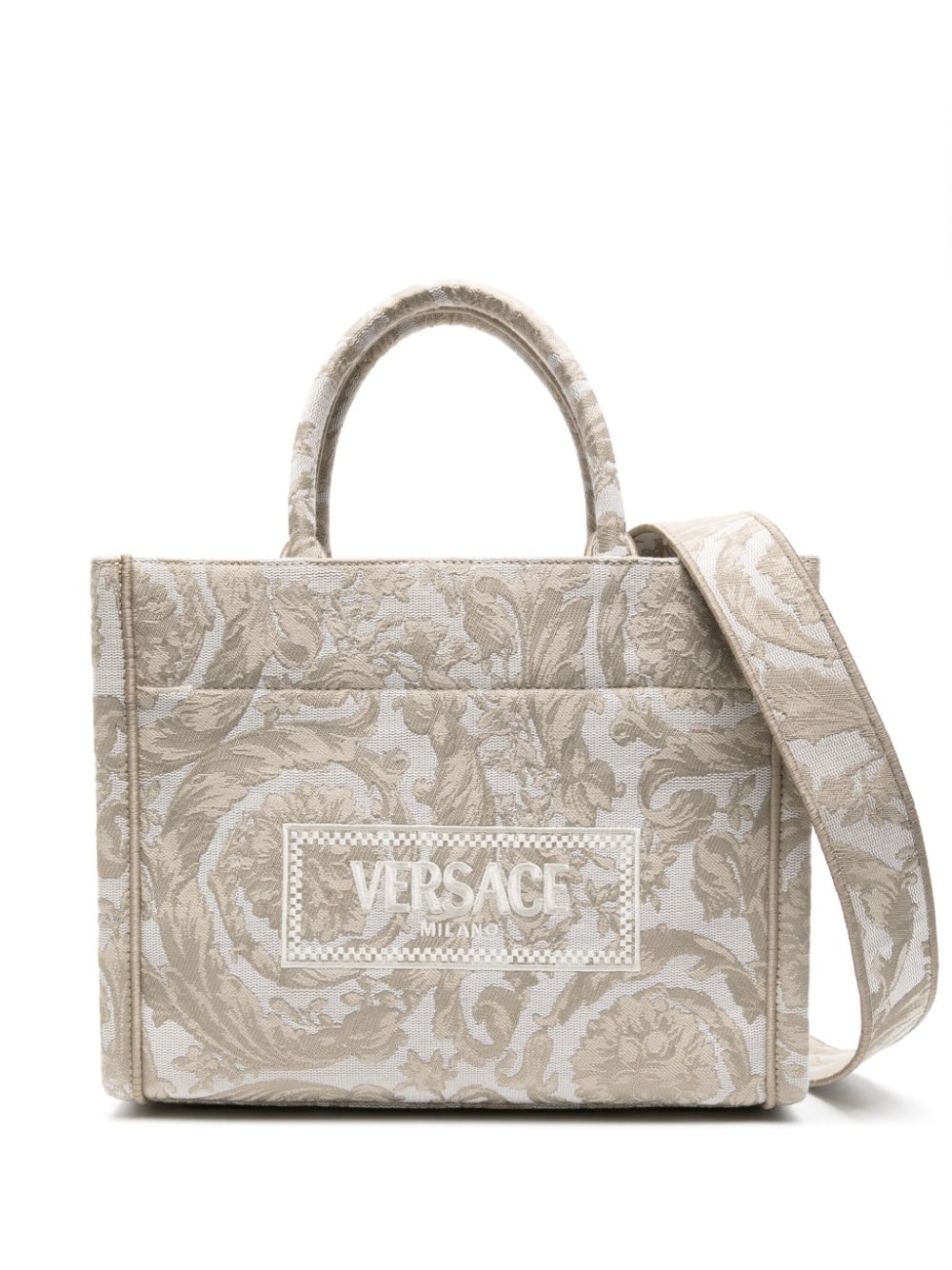 VERSACE バロック調ジャカードミニトート ヴィンテージロゴ刺繍とゴールドアクセント付き、ブラック