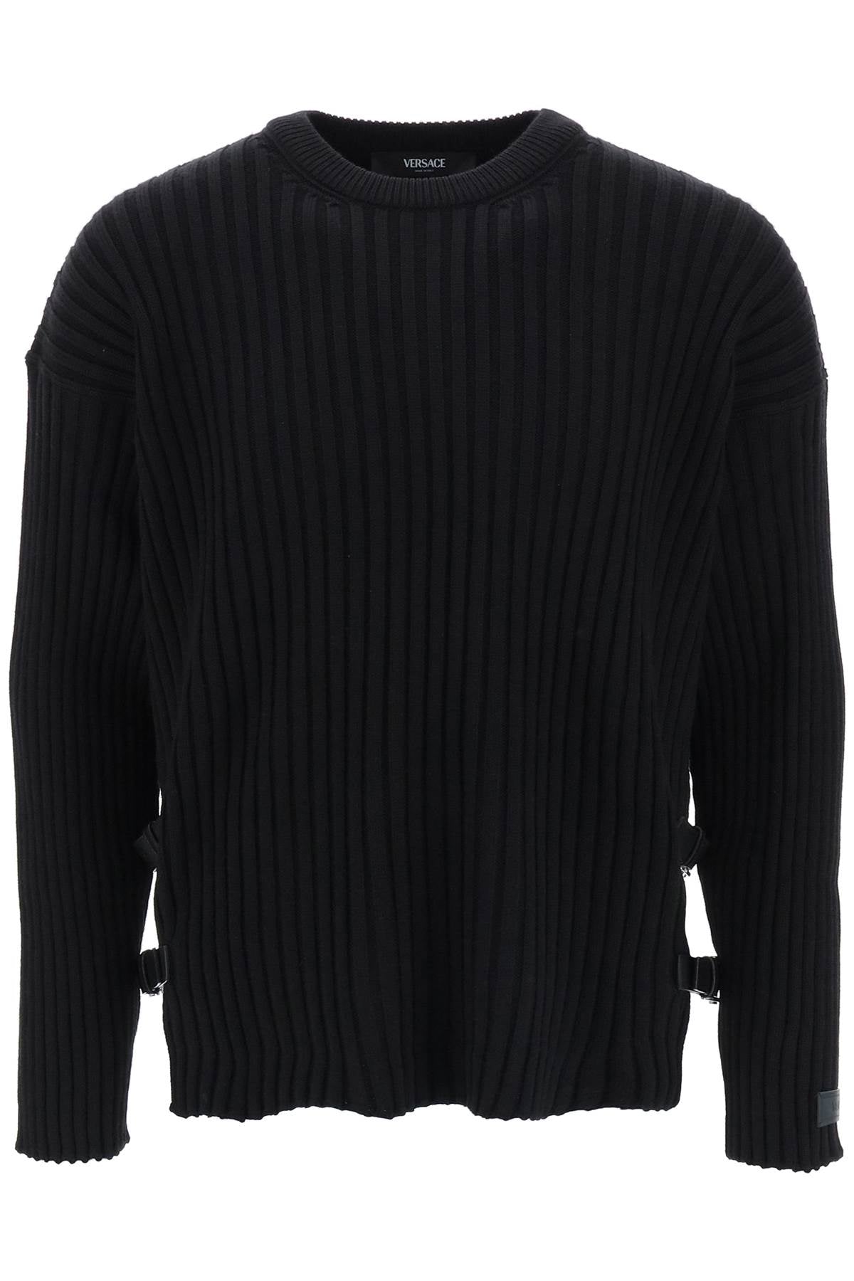 VERSACE Oversized Crew-Neck Wool Sweater with Side Buckle Details