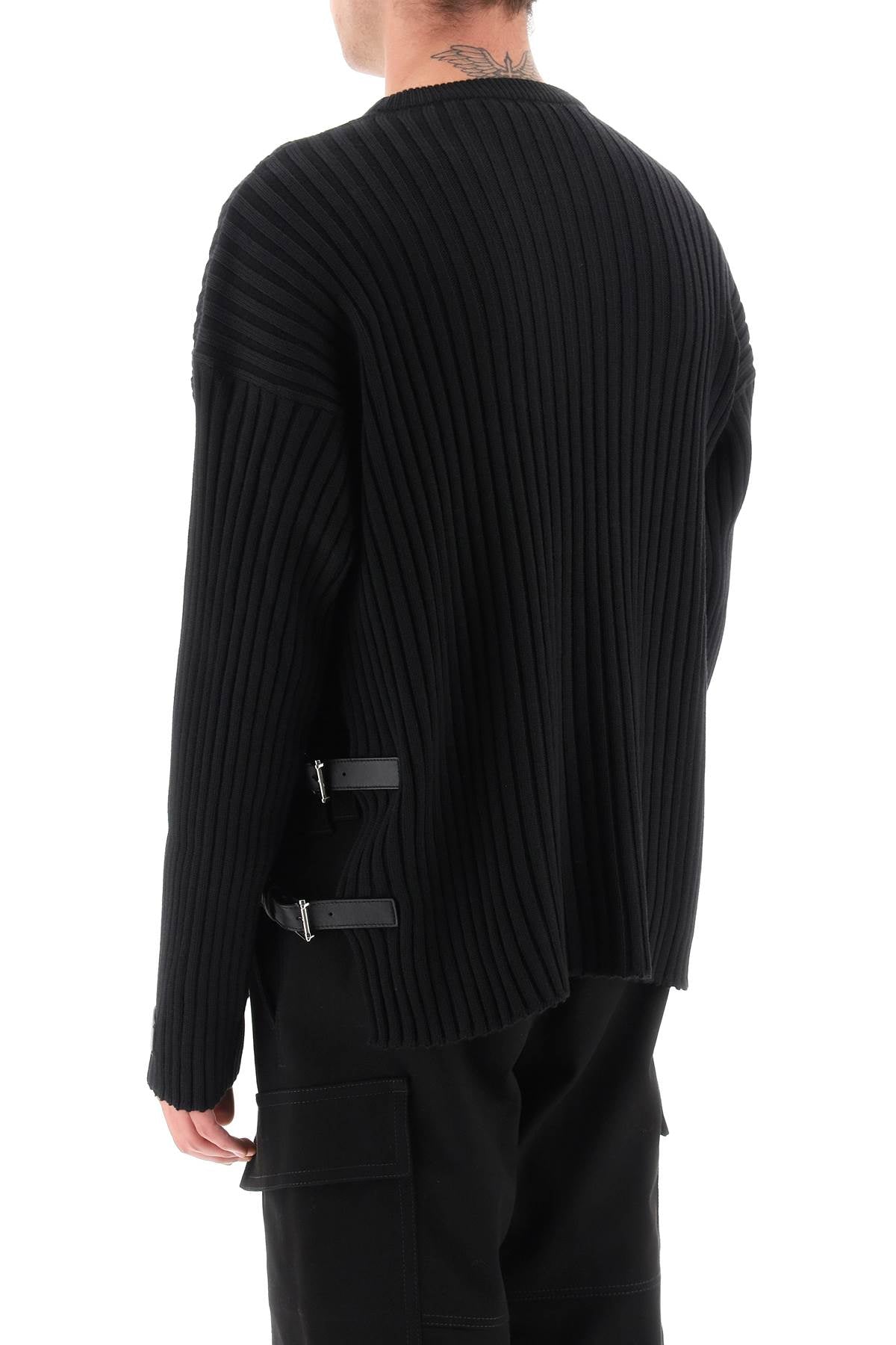 VERSACE Oversized Crew-Neck Wool Sweater with Side Buckle Details