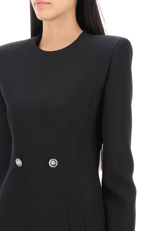 VERSACE Chic Wool Dress with Logo Buttons and Padded Shoulders