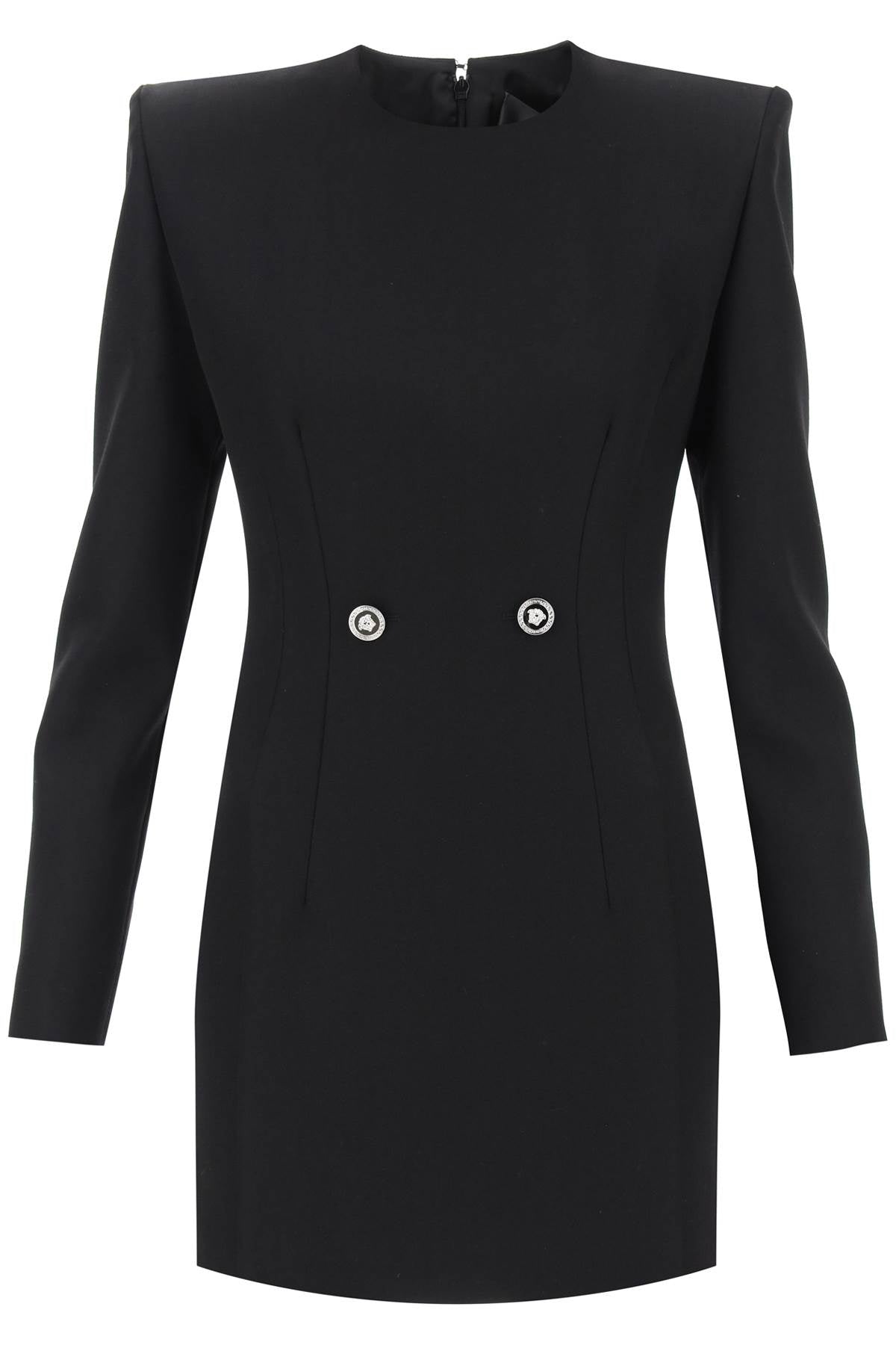 VERSACE Chic Wool Dress with Logo Buttons and Padded Shoulders