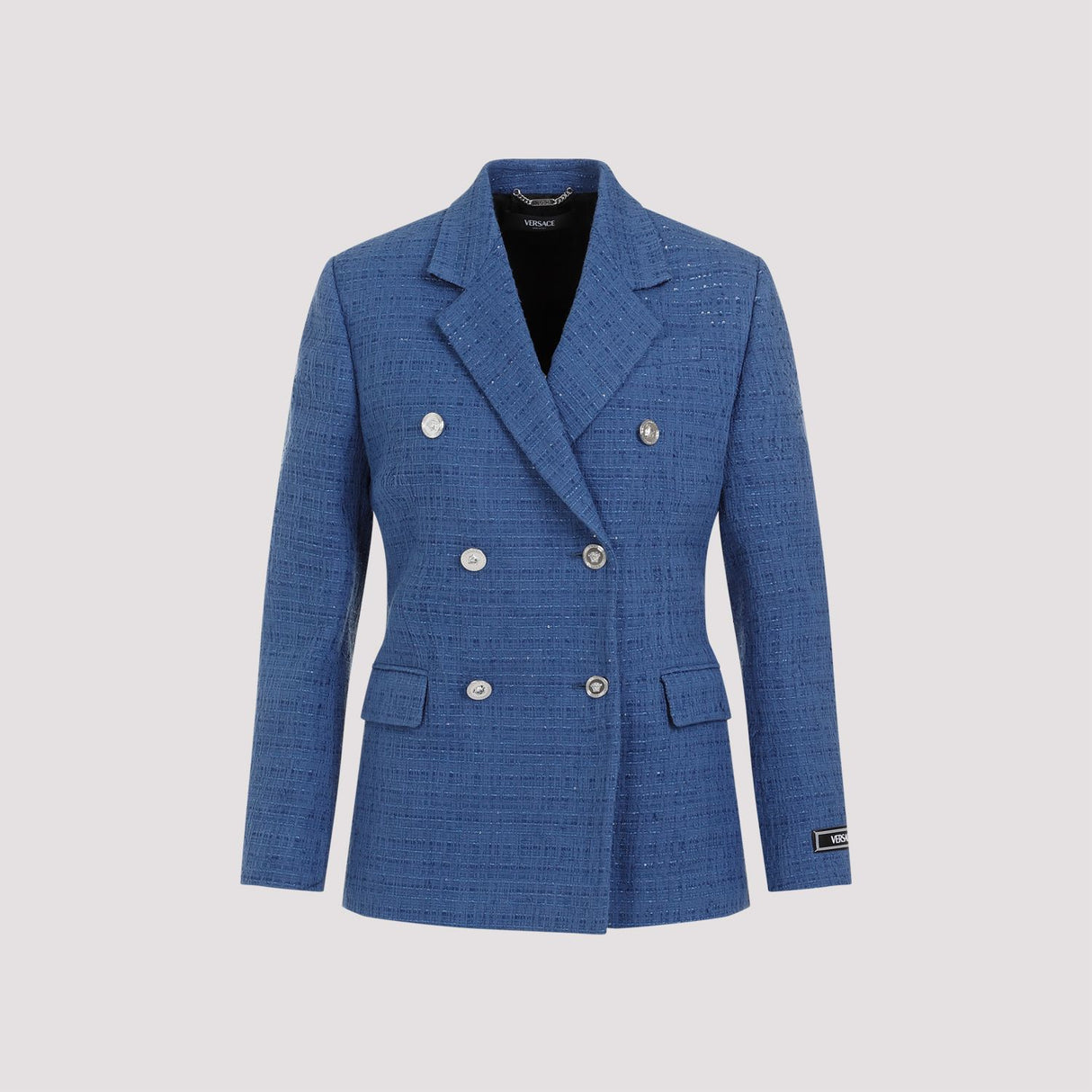 VERSACE Women's Light Blue Double-Breasted Tweed Blazer for Spring/Summer 2024