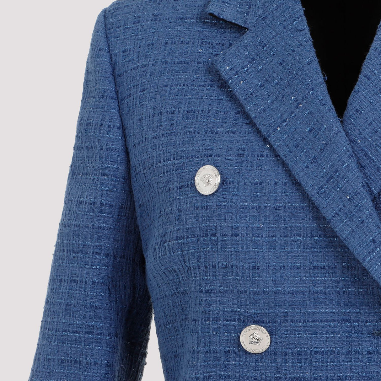 VERSACE Women's Light Blue Double-Breasted Tweed Blazer for Spring/Summer 2024