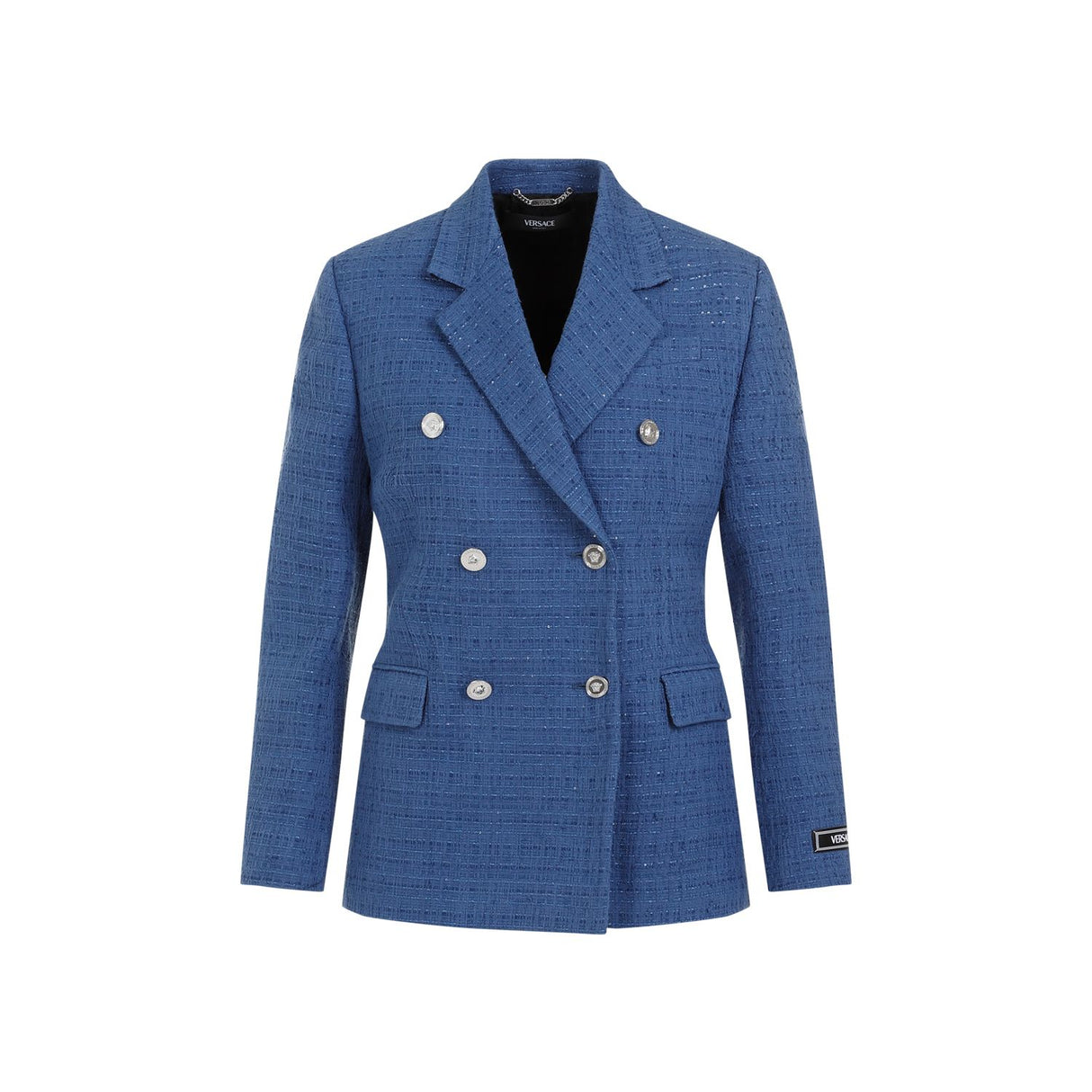 VERSACE Women's Light Blue Double-Breasted Tweed Blazer for Spring/Summer 2024