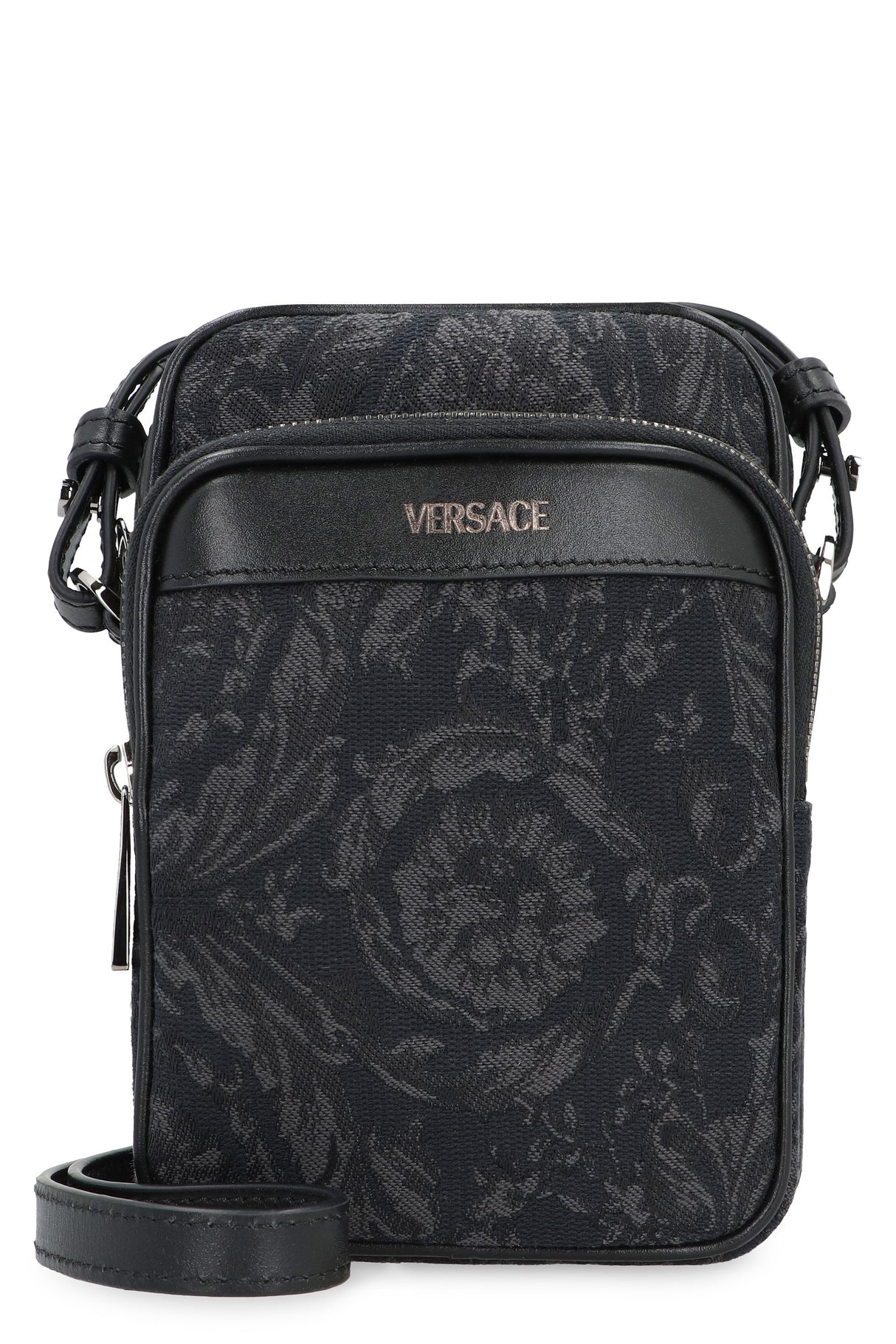 VERSACE メンズブラックキャンバス＆レザークロスボディハンドバッグ - SS24シーズン用