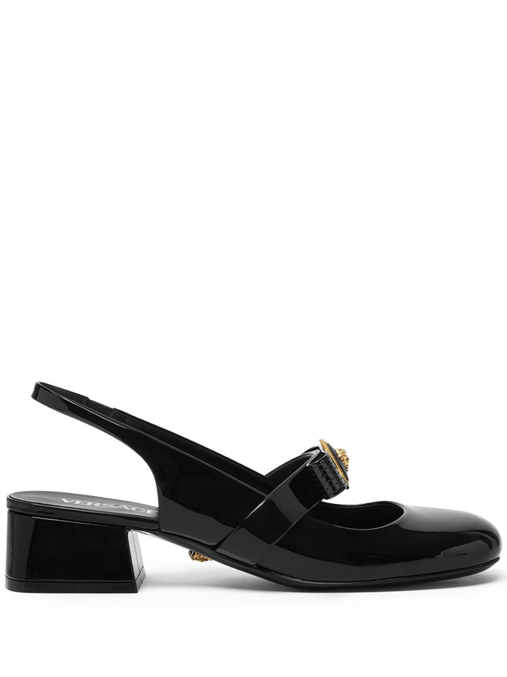 VERSACE Elegant Patent Leather Low Block Heel Pumps