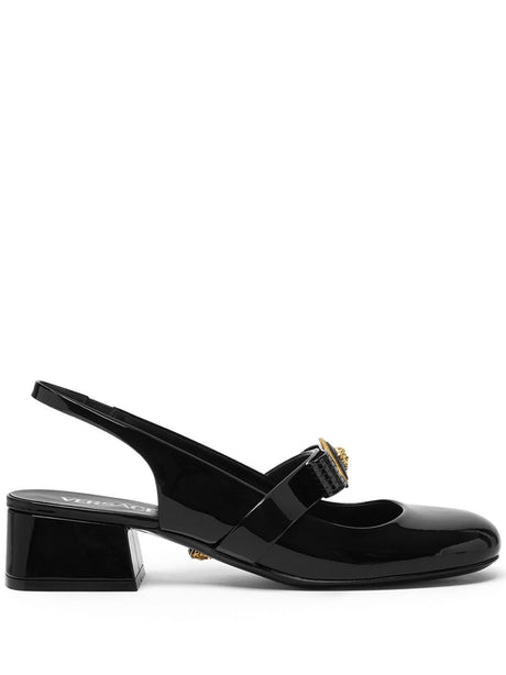 VERSACE Elegant Patent Leather Low Block Heel Pumps