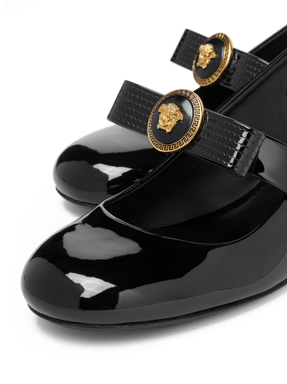 VERSACE Elegant Patent Leather Low Block Heel Pumps