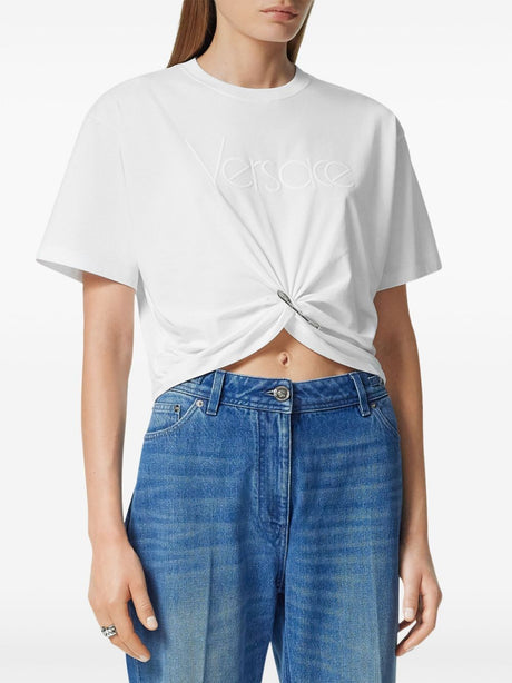 VERSACE Cropped Decorative Brooch Short Sleeve Top