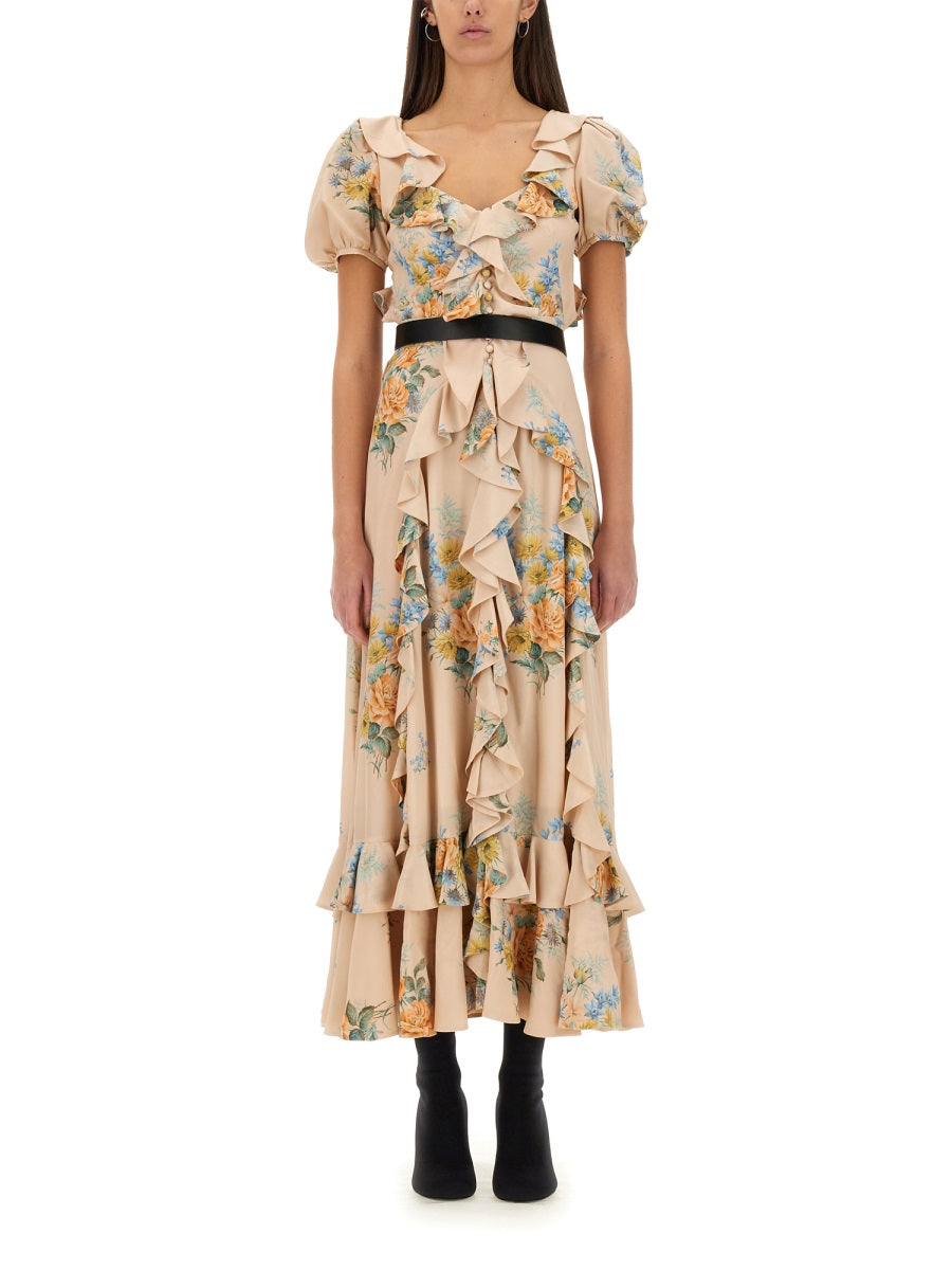 ALEXANDER McQUEEN Floral Print Ruched Silk Mini Dress with V Collar and Puff Sleeves