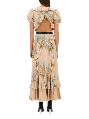 ALEXANDER McQUEEN Floral Print Ruched Silk Mini Dress with V Collar and Puff Sleeves