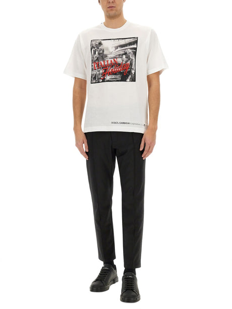 DOLCE & GABBANA Regular Fit Cotton T-Shirt with Italian Holiday Print - Size 48