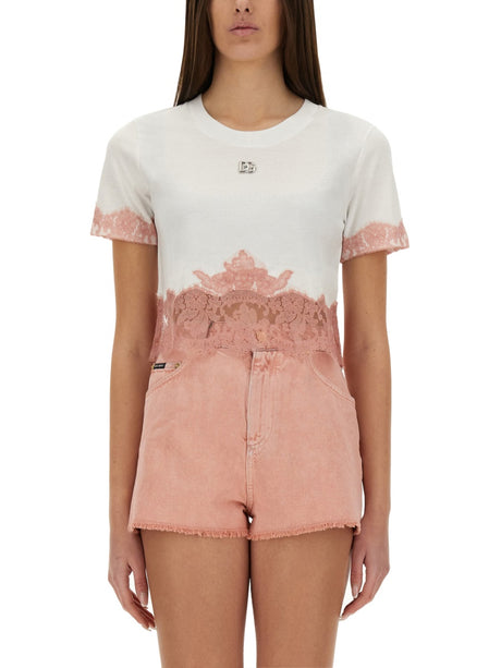 DOLCE & GABBANA Cropped T-Shirt with Lace Inserts - Size 38 IT