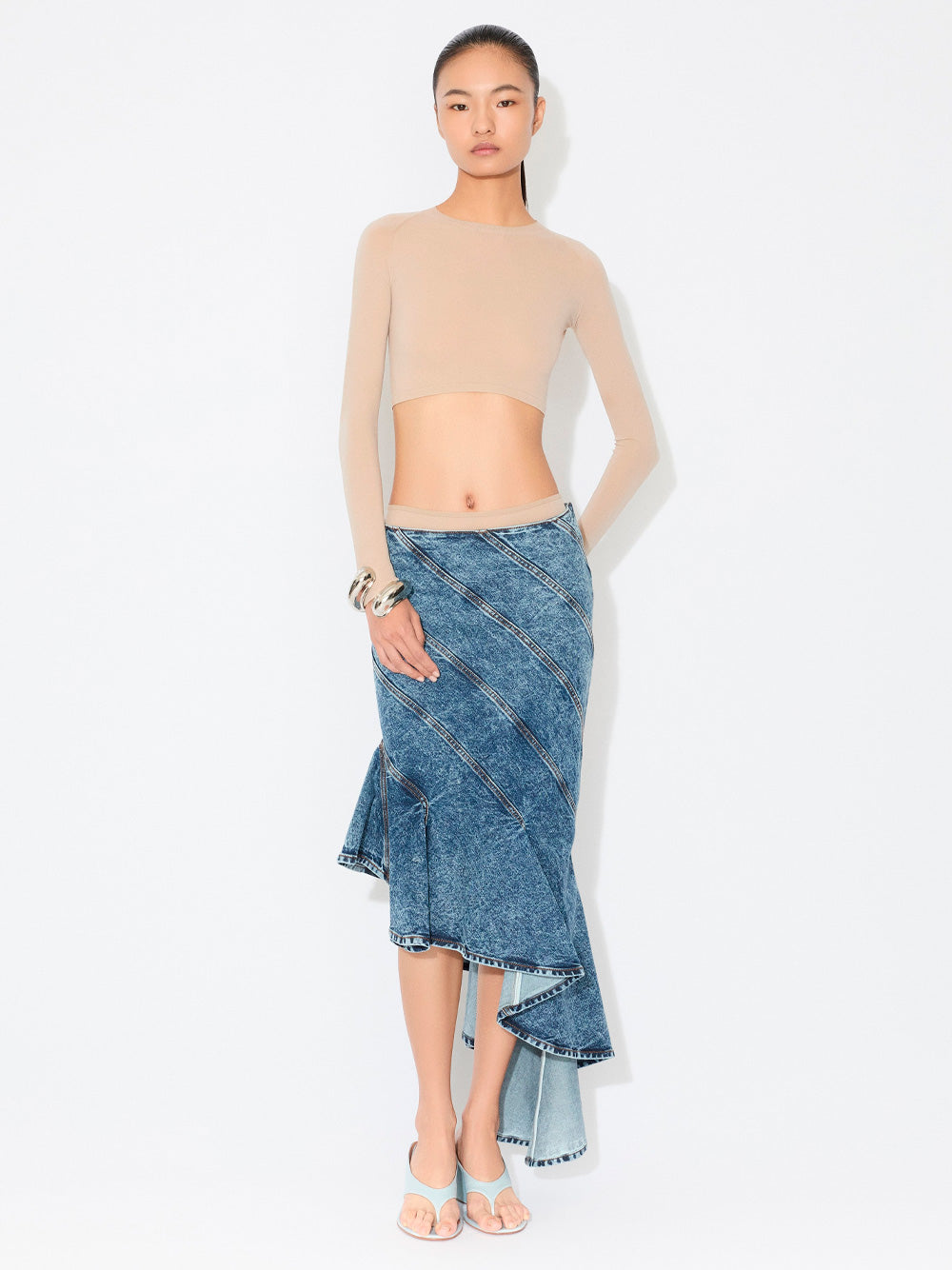 ALAÏA Low Waist Fit and Flare Denim Spiral Skirt