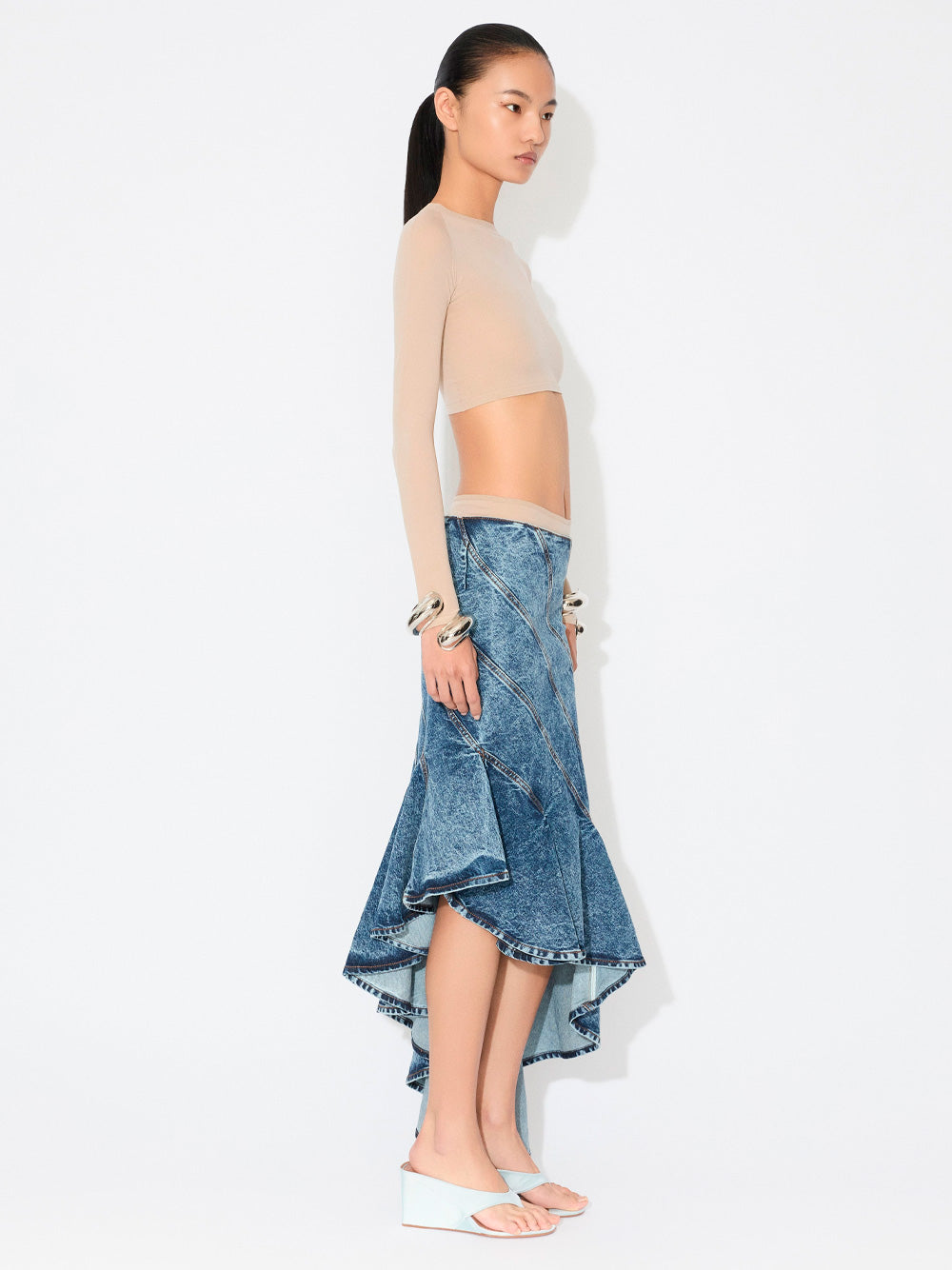 ALAÏA Low Waist Fit and Flare Denim Spiral Skirt