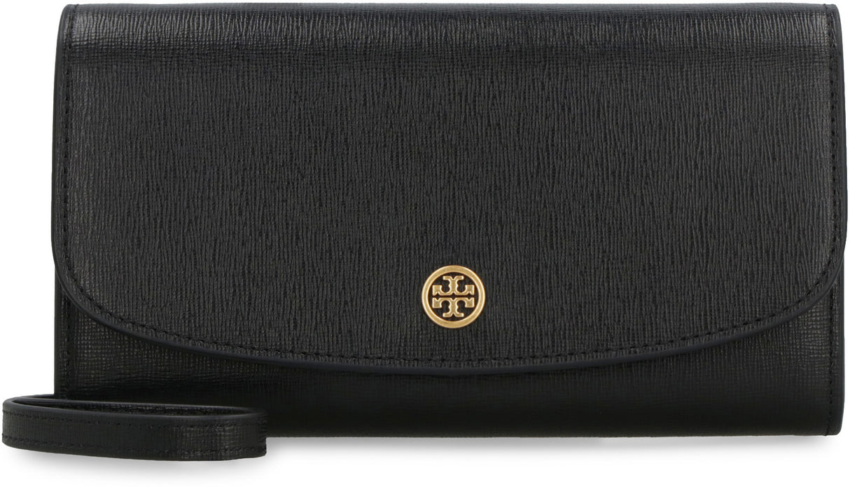 TORY BURCH Black Saffiano Leather Wallet on Chain with Removable Strap