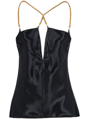 FERRAGAMO Stunning Black Satin Top with Gold-Tone Hardware and Cut-Out Detailing for Women