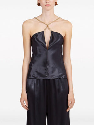 FERRAGAMO Stunning Black Satin Top with Gold-Tone Hardware and Cut-Out Detailing for Women