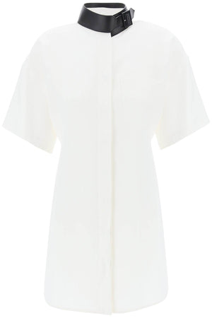 FERRAGAMO White Midi Chemisier Dress with Faux Leather Strap and Buckle