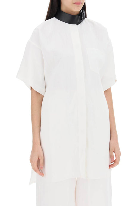 FERRAGAMO White Midi Chemisier Dress with Faux Leather Strap and Buckle